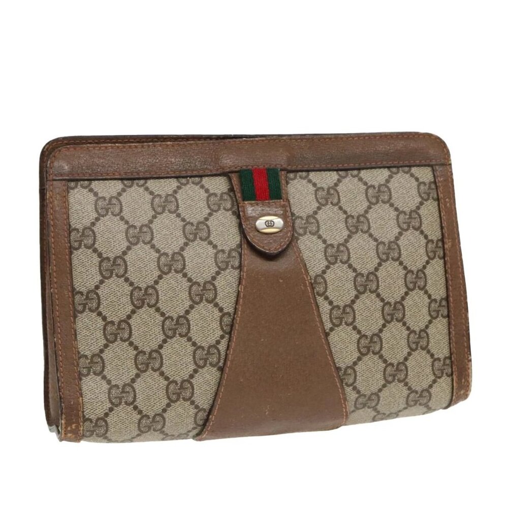 GUCCI GG Supreme Web Sherry Line Clutch Bag PVC Beige Red